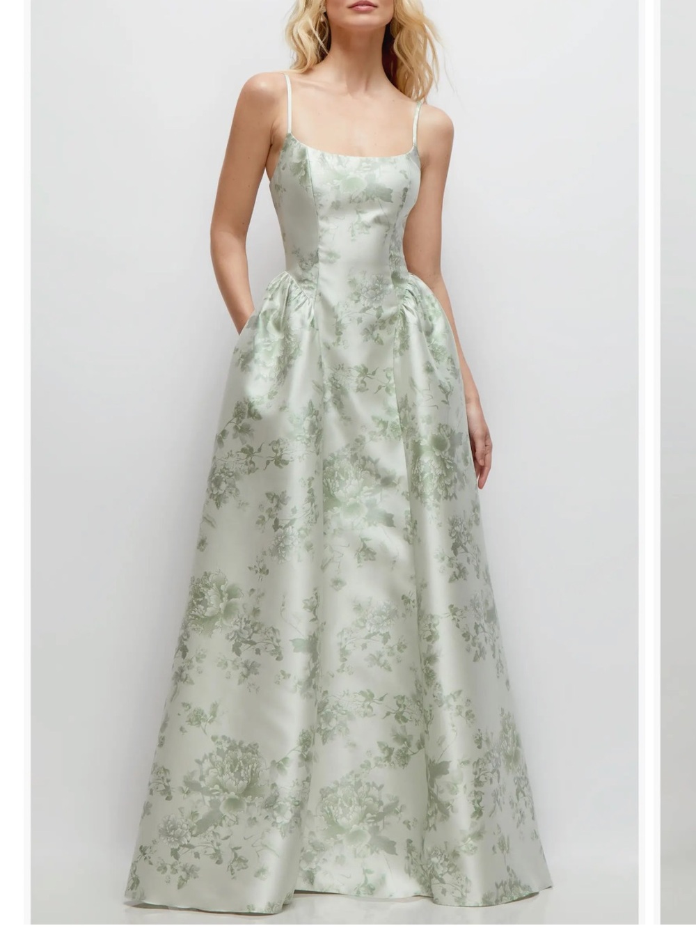 Dessy Collection Sage Cottage Rose, Floral Satin Maxi Gown